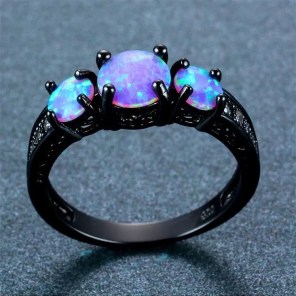 Wave Blue Simulated Opal Cross Ring Black Gold Jewelry